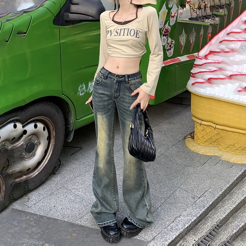 Yc&レトロノスタルジアローウエストフレアパンツファッション多用途ドレープフロアモッピングジーンズレディース&レギュラーシンベルベット