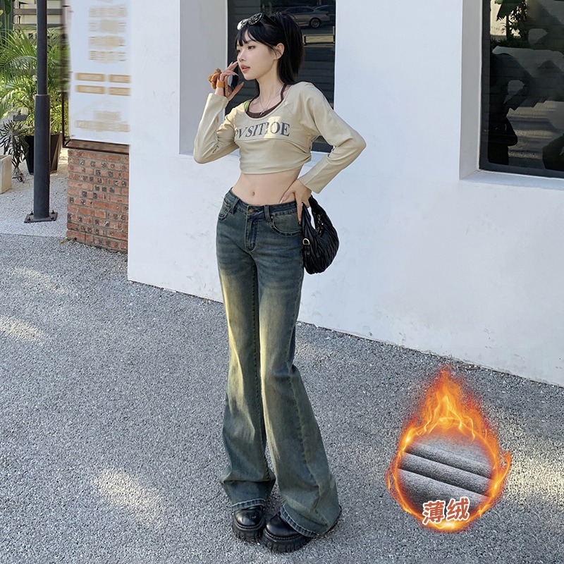 Yc&レトロノスタルジアローウエストフレアパンツファッション多用途ドレープフロアモッピングジーンズレディース&レギュラーシンベルベット