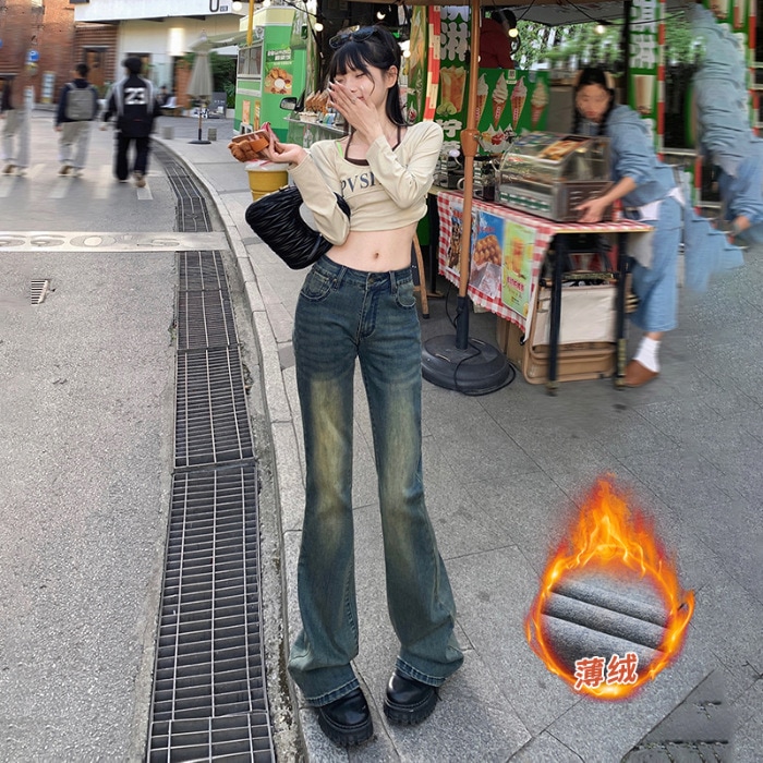 Yc&レトロノスタルジアローウエストフレアパンツファッション多用途ドレープフロアモッピングジーンズレディース&レギュラーシンベルベット