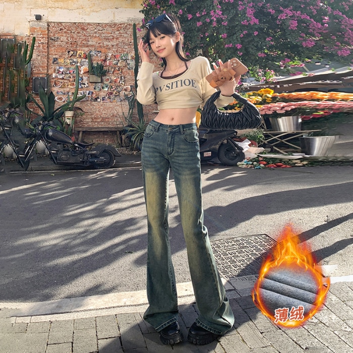 Yc&レトロノスタルジアローウエストフレアパンツファッション多用途ドレープフロアモッピングジーンズレディース&レギュラーシンベルベット