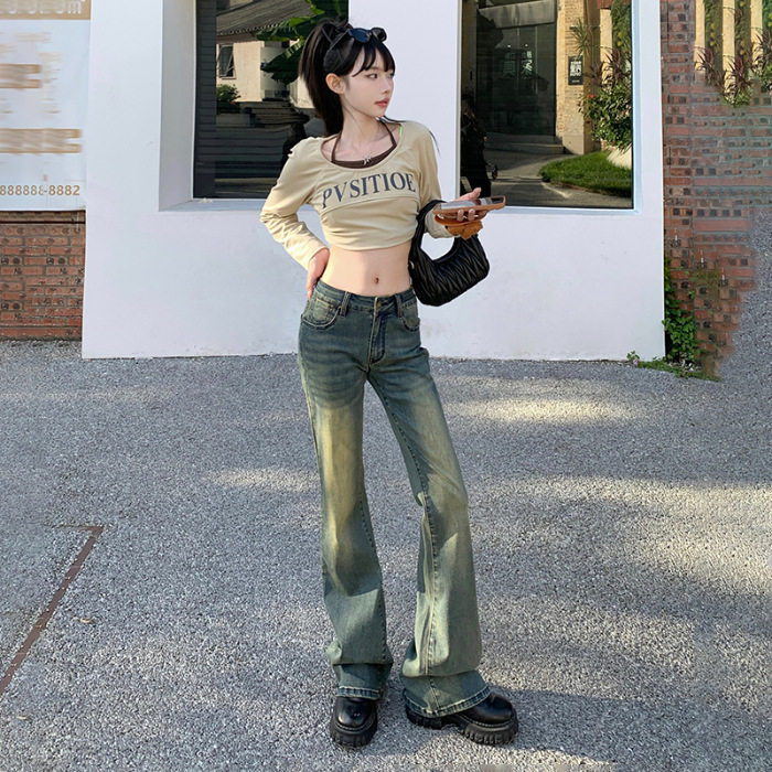 Yc&レトロノスタルジアローウエストフレアパンツファッション多用途ドレープフロアモッピングジーンズレディース&レギュラーシンベルベット