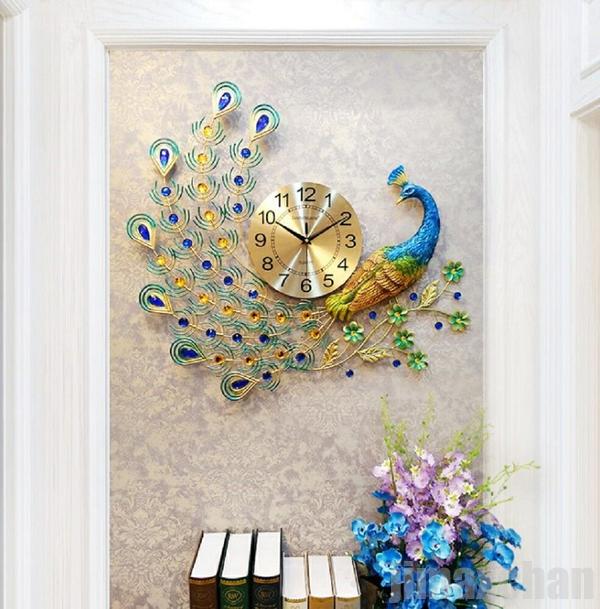 新品追加 枝にとまっている孔雀 特大 孔雀 壁掛け時計 ゴールド ブルー