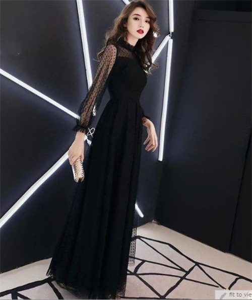 黒ロングドレス ハイネック お呼ばれ ドレス パーティードレス 着痩せ 成人式 演奏会 卒業式