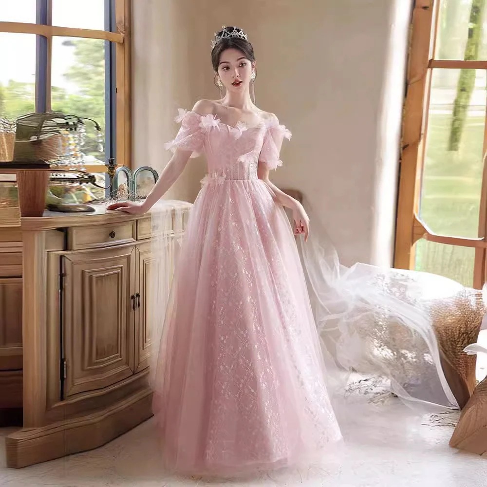 ピンクのイブニングドレス2025気質スーパープリンセスドレス卒業式ホスト成人式ロングドレス