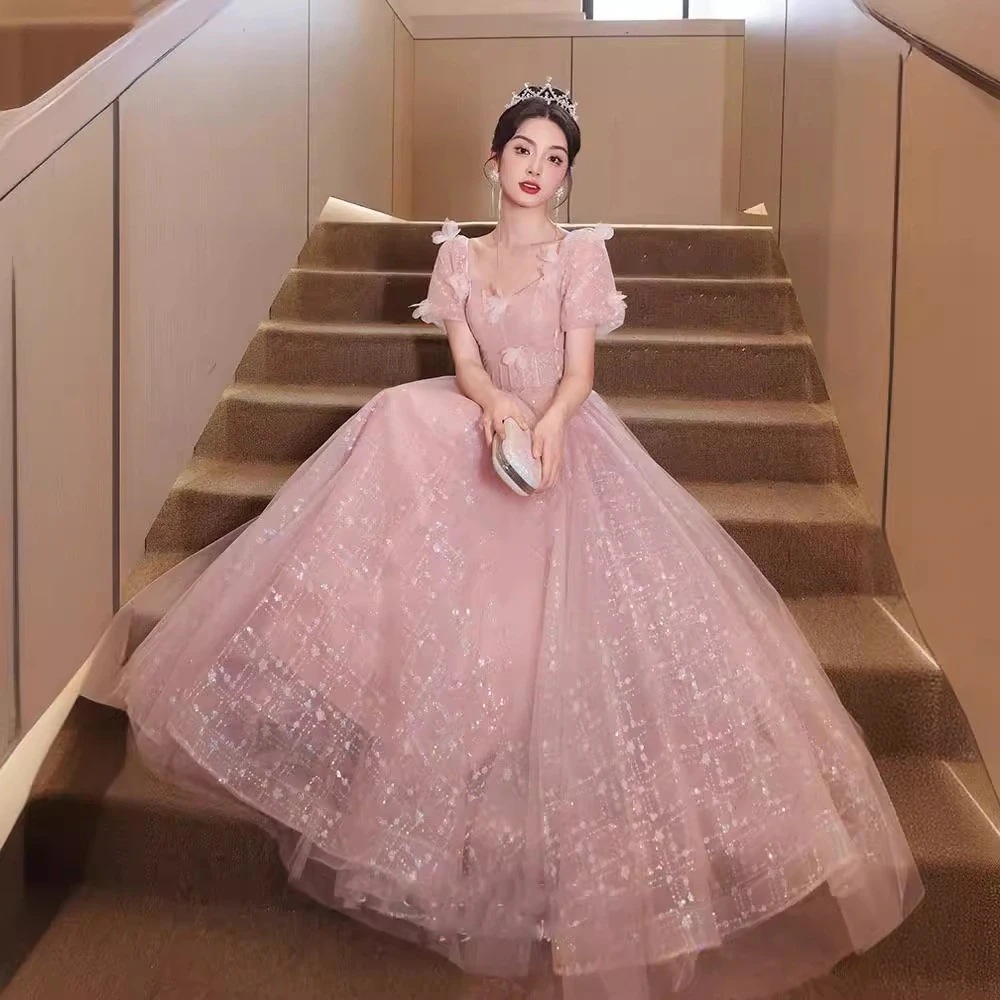 ピンクのイブニングドレス2025気質スーパープリンセスドレス卒業式ホスト成人式ロングドレス