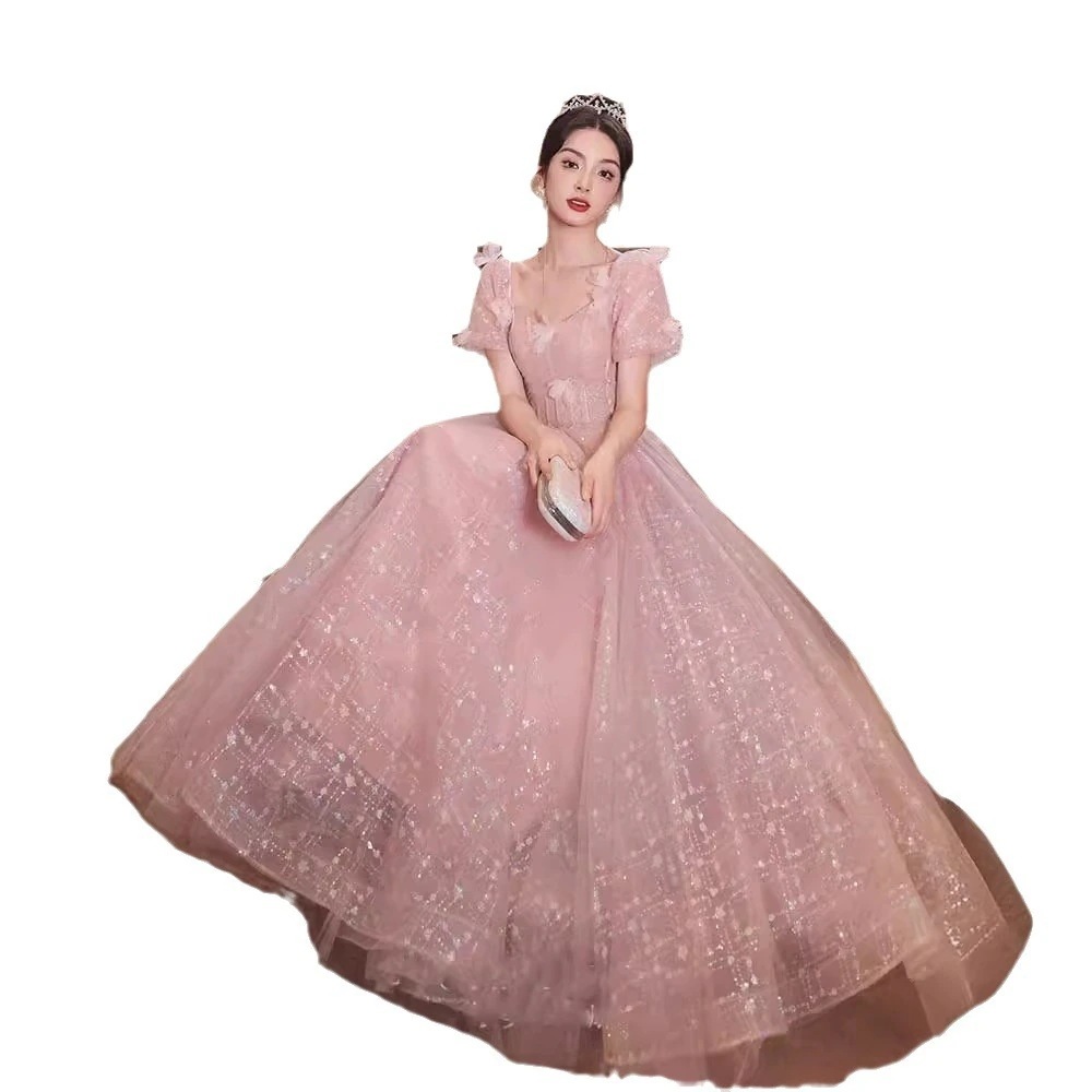 ピンクのイブニングドレス2025気質スーパープリンセスドレス卒業式ホスト成人式ロングドレス