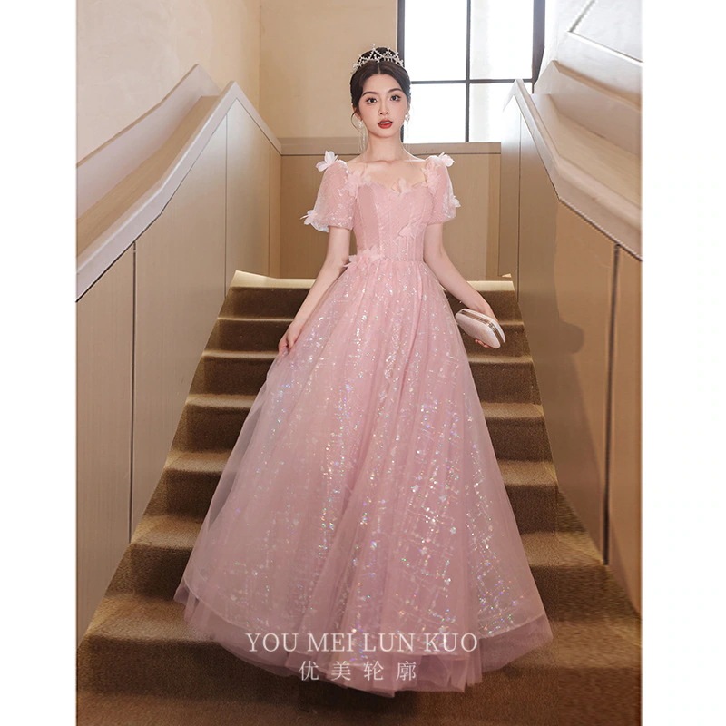 ピンクのイブニングドレス2025気質スーパープリンセスドレス卒業式ホスト成人式ロングドレス