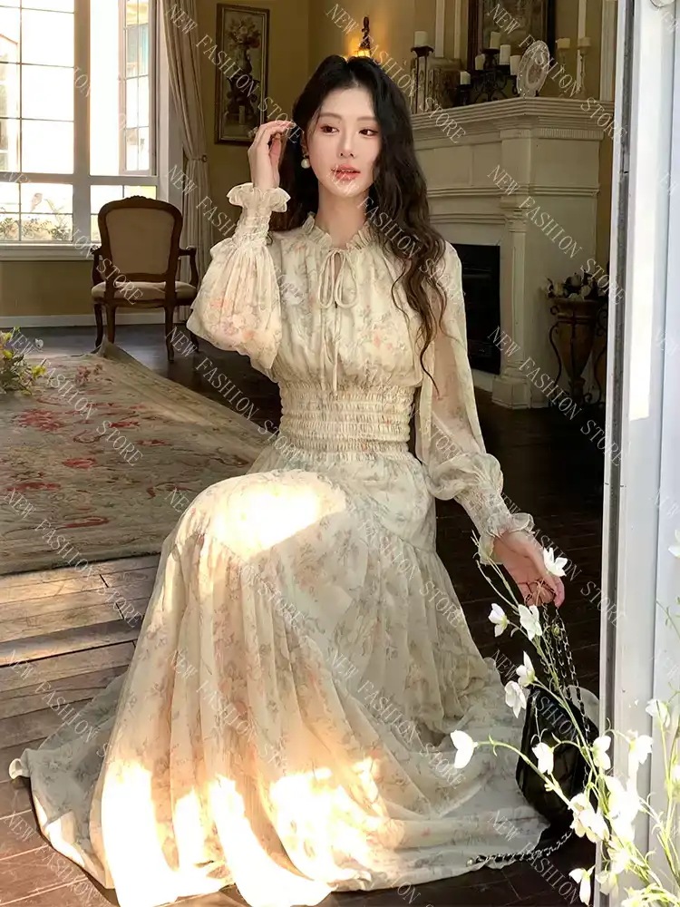 フレンチ長袖花柄シフォンウエストワンピース-33 フレンチ長袖花柄シフォンウエストワンピース-33