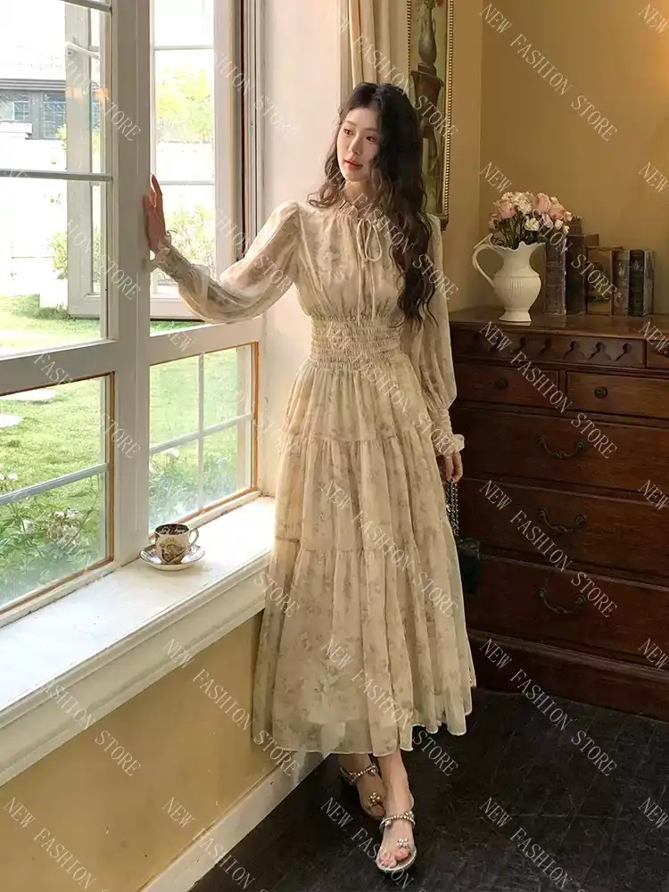 フレンチ長袖花柄シフォンウエストワンピース-33 フレンチ長袖花柄シフォンウエストワンピース-33