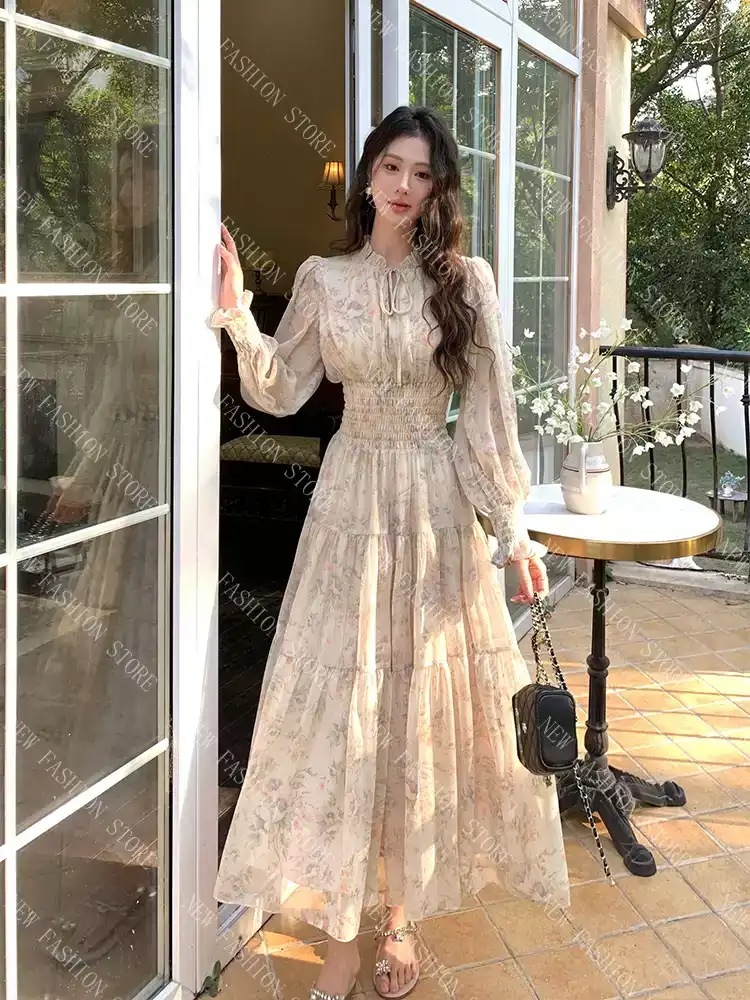 フレンチ長袖花柄シフォンウエストワンピース-33 フレンチ長袖花柄シフォンウエストワンピース-33