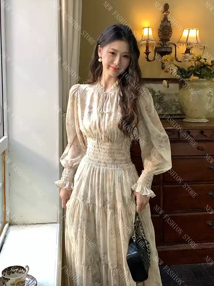 フレンチ長袖花柄シフォンウエストワンピース-33 フレンチ長袖花柄シフォンウエストワンピース-33