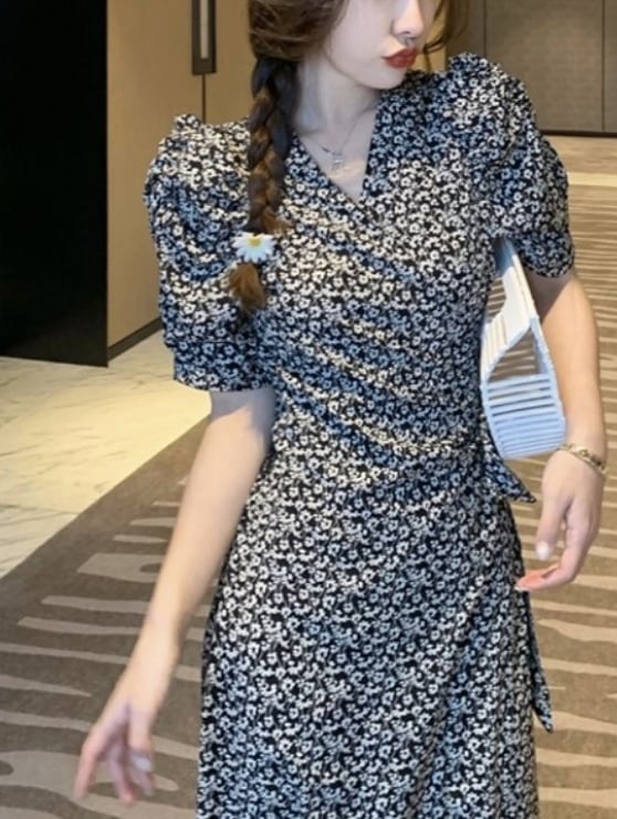 ワンピース 上着 人気 おすすめ おしゃれ お洒落 激安 安い プチプラ 半袖 Vネック 柄 プリント 花柄 リボン タイト ロングスカート 可愛い かわいい 韓国 きれいめ 大人 上品 春