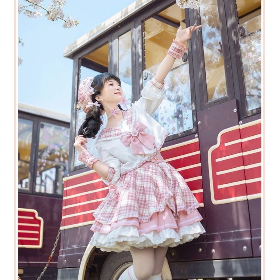 ロリータ スーツ ピンク 半袖 スウィート チェック柄スカート ロリータ スーツ ピンク 半袖 スウィート チェック柄スカート