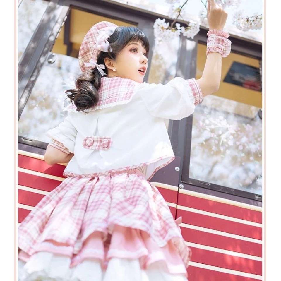 ロリータ スーツ ピンク 半袖 スウィート チェック柄スカート ロリータ スーツ ピンク 半袖 スウィート チェック柄スカート