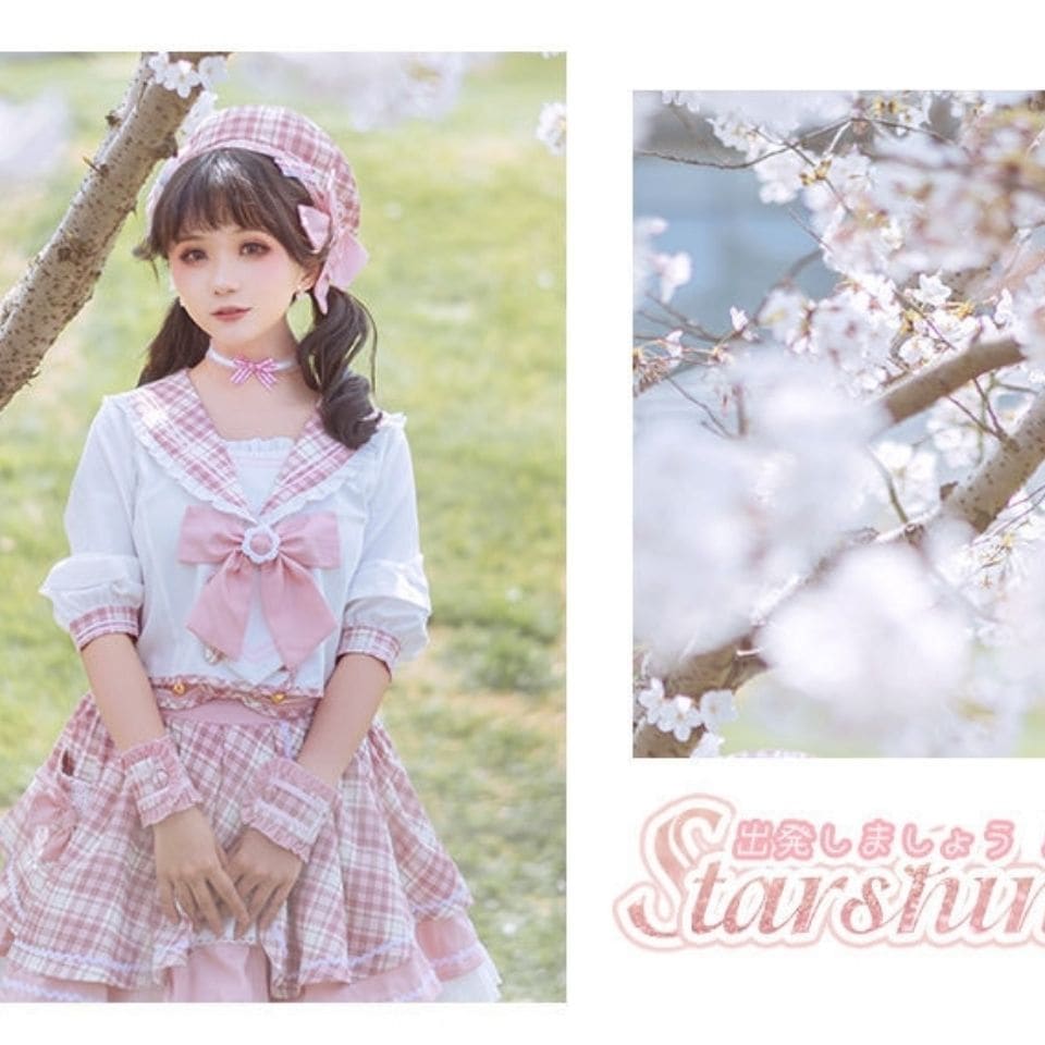 ロリータ スーツ ピンク 半袖 スウィート チェック柄スカート ロリータ スーツ ピンク 半袖 スウィート チェック柄スカート