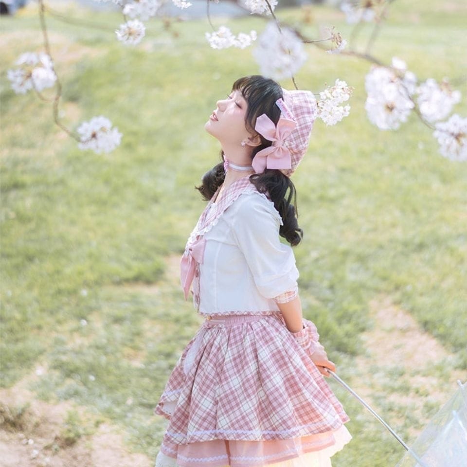 ロリータ スーツ ピンク 半袖 スウィート チェック柄スカート ロリータ スーツ ピンク 半袖 スウィート チェック柄スカート