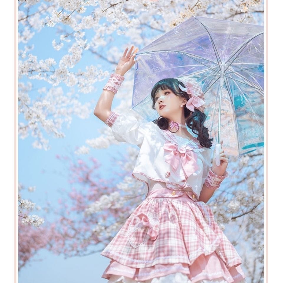 ロリータ スーツ ピンク 半袖 スウィート チェック柄スカート ロリータ スーツ ピンク 半袖 スウィート チェック柄スカート