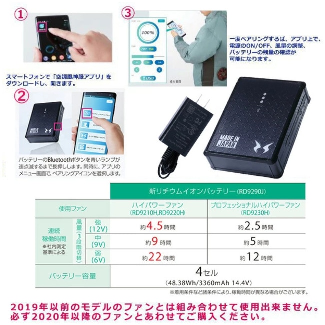 【2個販売】サンエス12Vバッテリーリチウムイオン12Vバッテリー 空調風神服　RD9290J 日本製 簡易防水 業界最薄 USBポート搭載 サンエス バッテリー 空調作業服