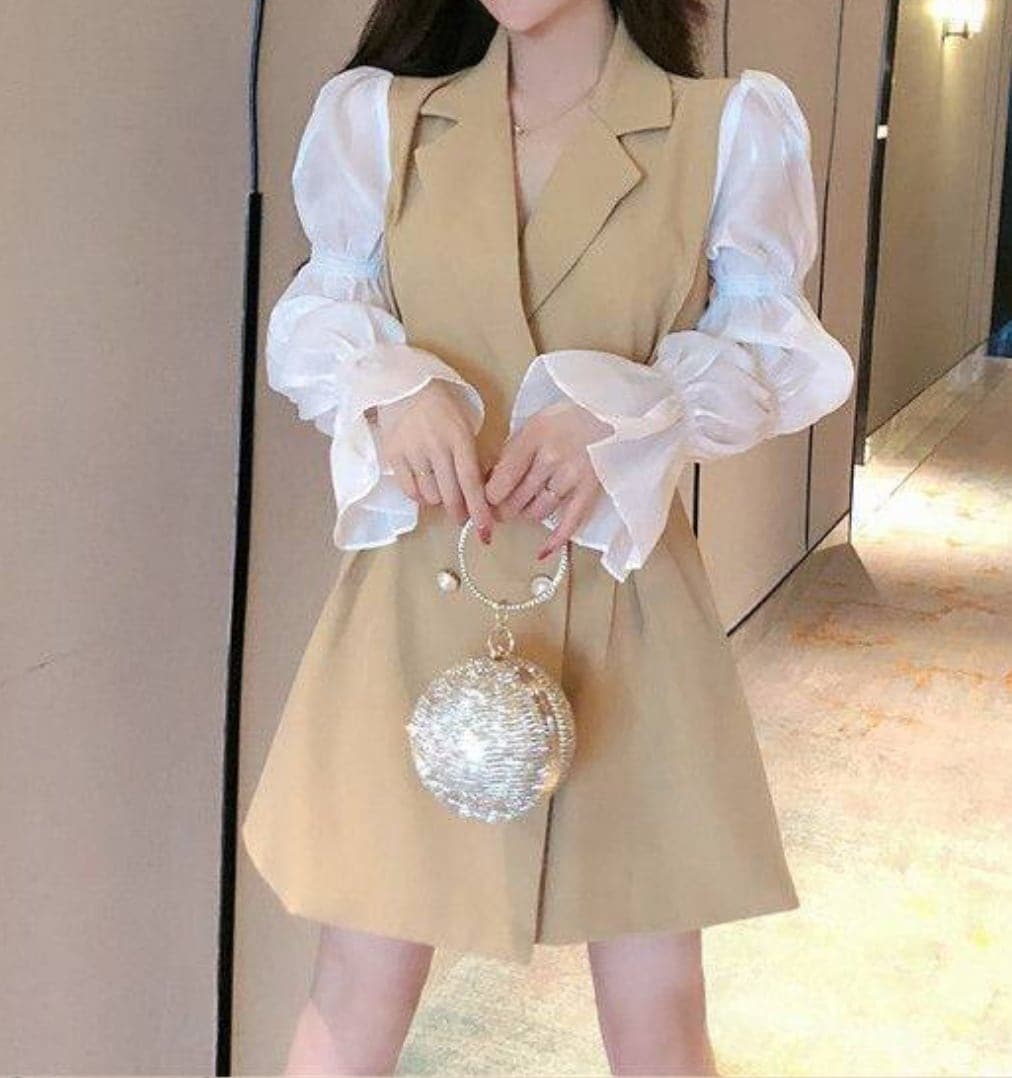 ワンピース 上着 人気 おすすめ おしゃれ お洒落 激安 安い プチプラ ブラウス シャツ 長袖 ロング ベスト Vネック Aライン 膝丈 ミニスカート 無地 フリル ポリエステル 可愛い