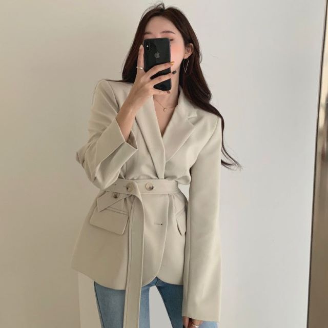 テーラードジャケット スーツ レディース Vネック 長袖 無地 アプリコット ブラック ベージュ ベルト付き フォーマル 体型カバー 韓国 テーラードジャケット スーツ レディース Vネック 長袖 無地 アプリコット ブラック ベージュ ベルト付き フォーマル 体型カバー 韓国