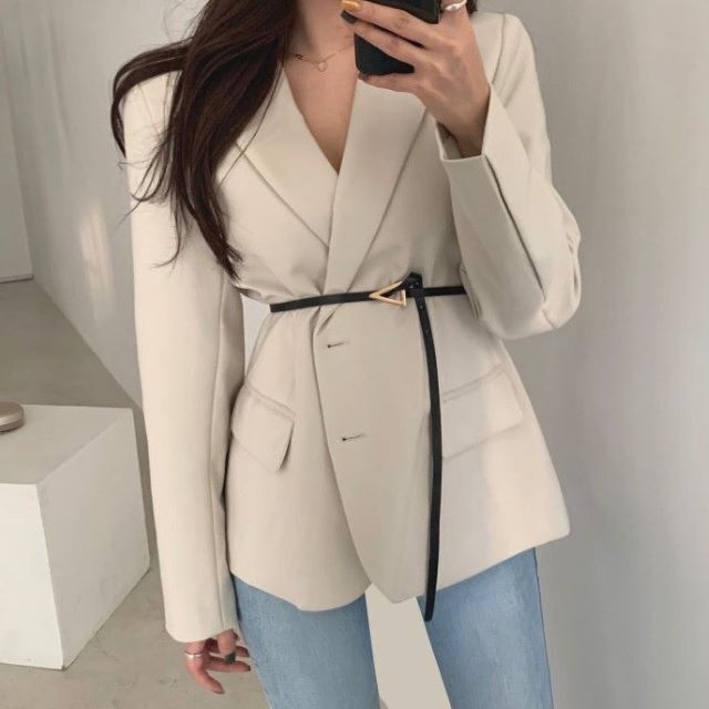 テーラードジャケット スーツ レディース Vネック 長袖 無地 アプリコット ブラック ベージュ ベルト付き フォーマル 体型カバー 韓国 テーラードジャケット スーツ レディース Vネック 長袖 無地 アプリコット ブラック ベージュ ベルト付き フォーマル 体型カバー 韓国