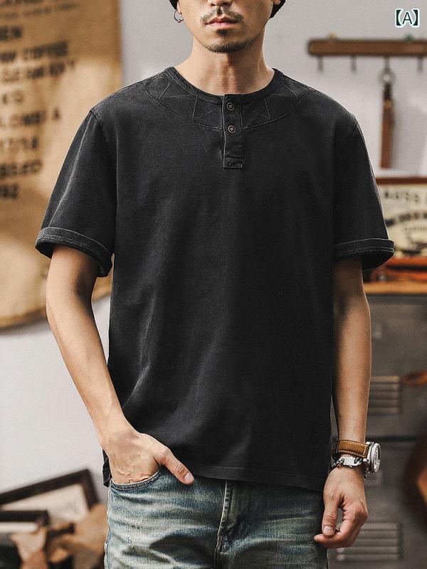 ポロシャツ アメリカン レトロ メンズ 夏 Tシャツ 半袖 ウォッシュドコットン トップス 綿 カジュアル ブラック ミリタリー グリーン ゴールド