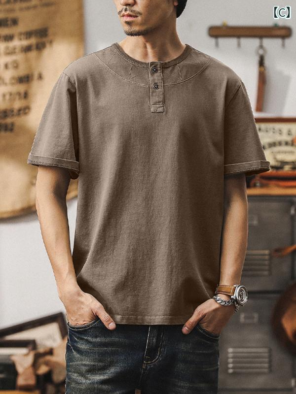 ポロシャツ アメリカン レトロ メンズ 夏 Tシャツ 半袖 ウォッシュドコットン トップス 綿 カジュアル ブラック ミリタリー グリーン ゴールド