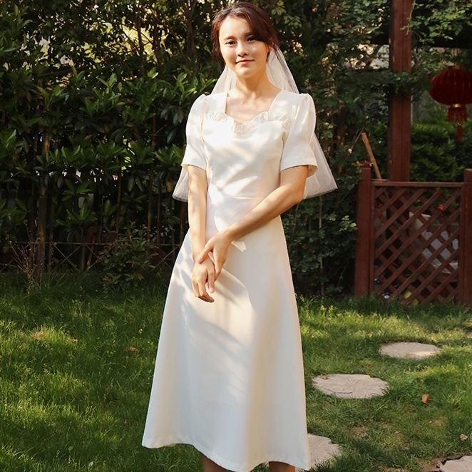 ドレス 衣装 ワンピース ウエディングドレス ワンピースドレス カクテルドレス ミモレ丈ドレス 半袖 ウエストマーク セミフレア ミモレ丈 ステージドレス 発表会 かわいい 大人可愛い きれいめ