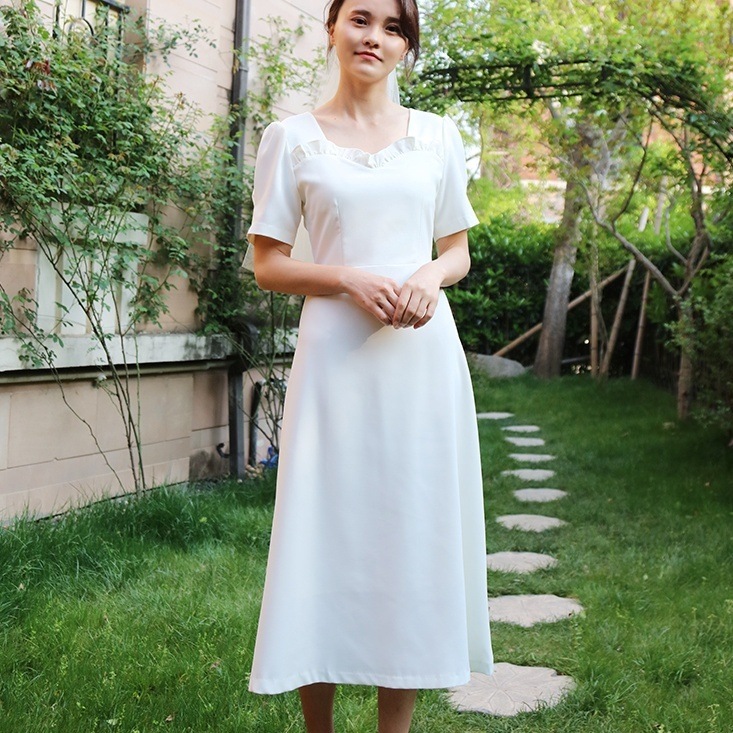 ドレス 衣装 ワンピース ウエディングドレス ワンピースドレス カクテルドレス ミモレ丈ドレス 半袖 ウエストマーク セミフレア ミモレ丈 ステージドレス 発表会 かわいい 大人可愛い きれいめ