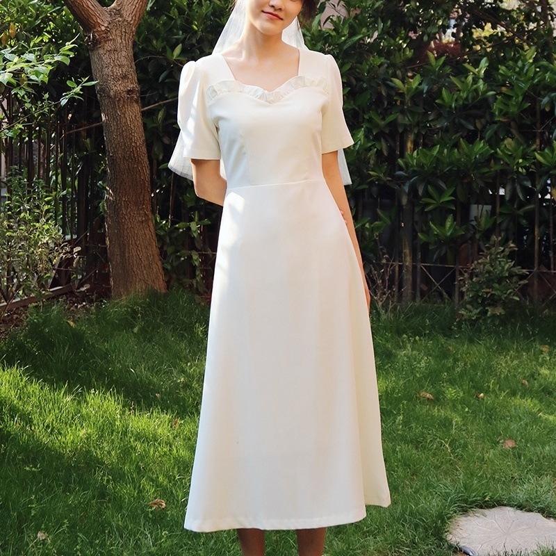 ドレス 衣装 ワンピース ウエディングドレス ワンピースドレス カクテルドレス ミモレ丈ドレス 半袖 ウエストマーク セミフレア ミモレ丈 ステージドレス 発表会 かわいい 大人可愛い きれいめ