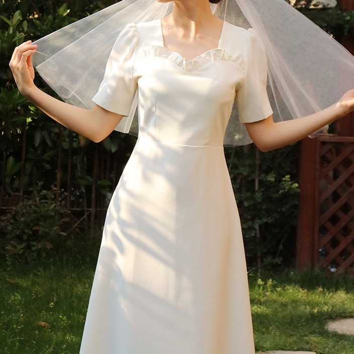 ドレス 衣装 ワンピース ウエディングドレス ワンピースドレス カクテルドレス ミモレ丈ドレス 半袖 ウエストマーク セミフレア ミモレ丈 ステージドレス 発表会 かわいい 大人可愛い きれいめ