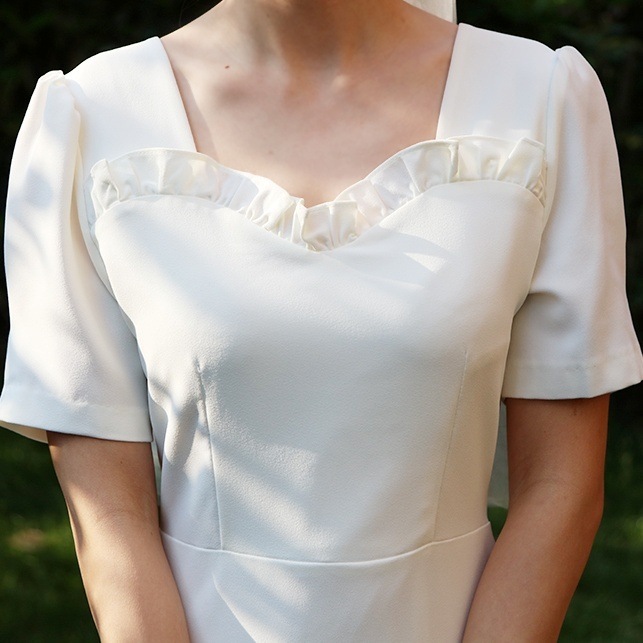 ドレス 衣装 ワンピース ウエディングドレス ワンピースドレス カクテルドレス ミモレ丈ドレス 半袖 ウエストマーク セミフレア ミモレ丈 ステージドレス 発表会 かわいい 大人可愛い きれいめ