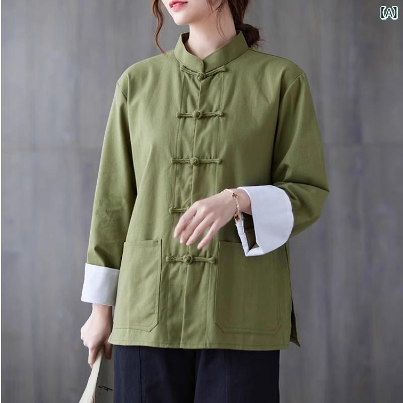 レディース シャツ トップス 女性用 コットンリネン 長袖 シャツ 春秋 レトロ ボタン スタンドカラー 高級 リネン レディース 中国 茶 ドレス トップ レディース シャツ トップス 女性用 コットンリネン 長袖 シャツ 春秋 レトロ ボタン スタンドカラー 高級 リネン レディース 中国 茶 ドレス トップ