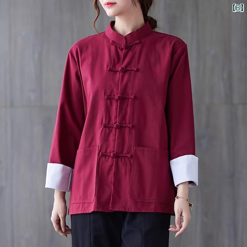 レディース シャツ トップス 女性用 コットンリネン 長袖 シャツ 春秋 レトロ ボタン スタンドカラー 高級 リネン レディース 中国 茶 ドレス トップ レディース シャツ トップス 女性用 コットンリネン 長袖 シャツ 春秋 レトロ ボタン スタンドカラー 高級 リネン レディース 中国 茶 ドレス トップ