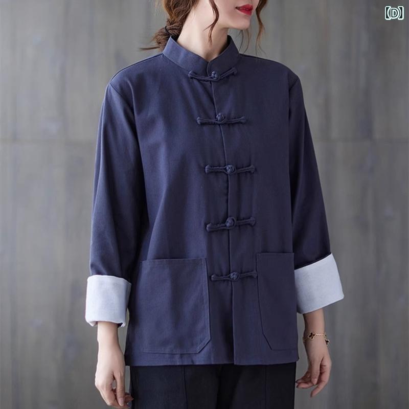 レディース シャツ トップス 女性用 コットンリネン 長袖 シャツ 春秋 レトロ ボタン スタンドカラー 高級 リネン レディース 中国 茶 ドレス トップ レディース シャツ トップス 女性用 コットンリネン 長袖 シャツ 春秋 レトロ ボタン スタンドカラー 高級 リネン レディース 中国 茶 ドレス トップ