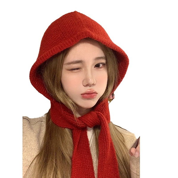 Qoo10] 秋冬帽子 赤ずきん韓国版ニットフード小マ