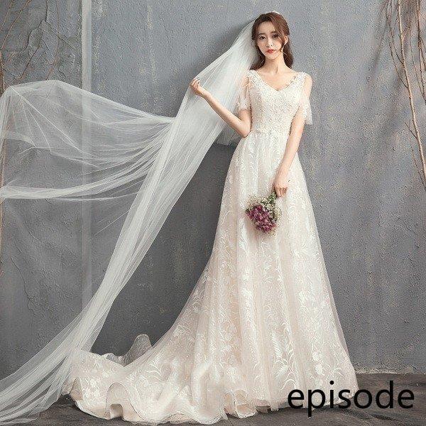 ウェディングドレス ウェディングドレス白 パーティードレス エンパイア/トレーン 花嫁ロングドレス 結婚式 V襟 二次会 エレガント レース 挙式hs4995