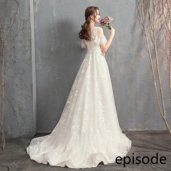 ウェディングドレス ウェディングドレス白 パーティードレス エンパイア/トレーン 花嫁ロングドレス 結婚式 V襟 二次会 エレガント レース 挙式hs4995