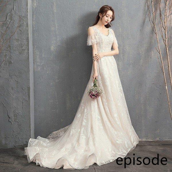 ウェディングドレス ウェディングドレス白 パーティードレス エンパイア/トレーン 花嫁ロングドレス 結婚式 V襟 二次会 エレガント レース 挙式hs4995