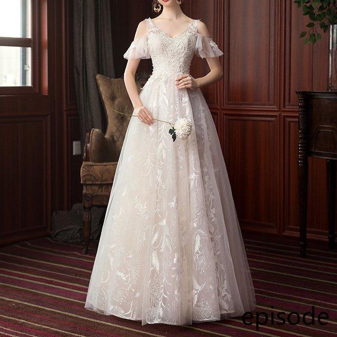 ウェディングドレス ウェディングドレス白 パーティードレス エンパイア/トレーン 花嫁ロングドレス 結婚式 V襟 二次会 エレガント レース 挙式hs4995