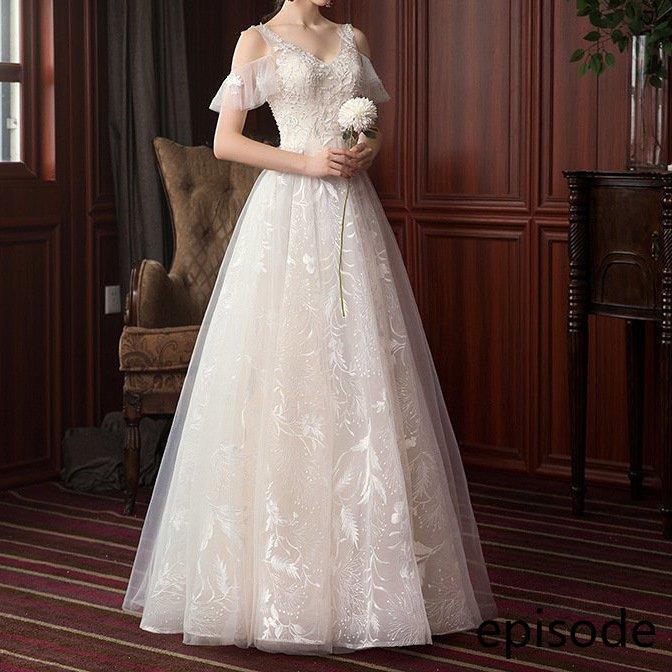 ウェディングドレス ウェディングドレス白 パーティードレス エンパイア/トレーン 花嫁ロングドレス 結婚式 V襟 二次会 エレガント レース 挙式hs4995