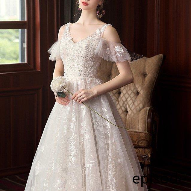ウェディングドレス ウェディングドレス白 パーティードレス エンパイア/トレーン 花嫁ロングドレス 結婚式 V襟 二次会 エレガント レース 挙式hs4995