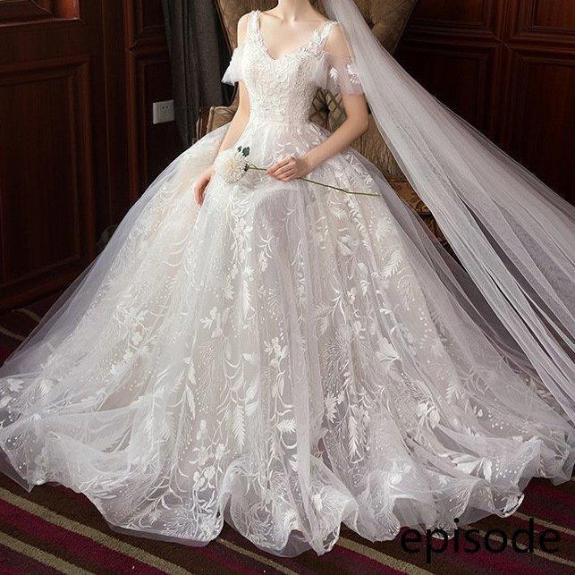 ウェディングドレス ウェディングドレス白 パーティードレス エンパイア/トレーン 花嫁ロングドレス 結婚式 V襟 二次会 エレガント レース 挙式hs4995
