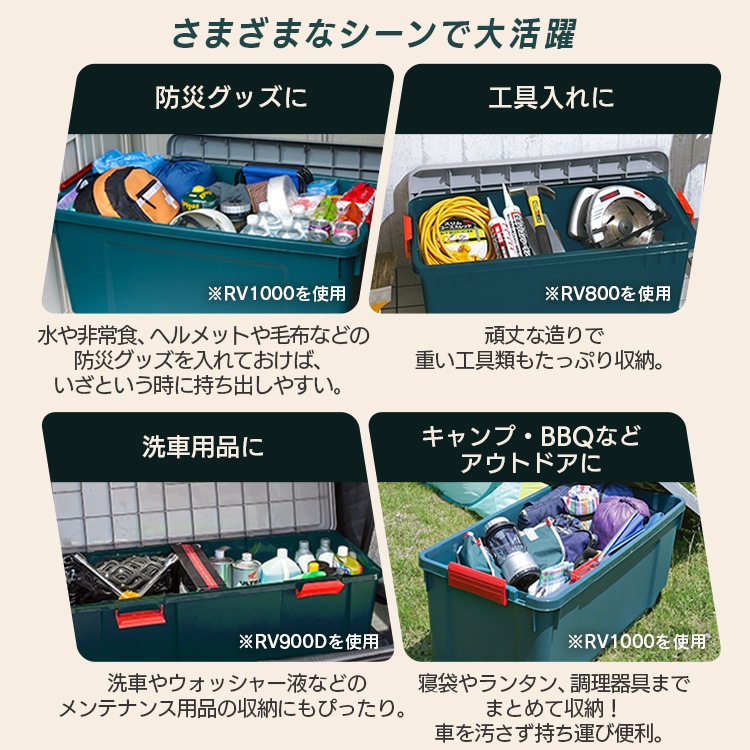 【目玉商品】コンテナボックス 蓋付き 屋外 収納 工具箱 キャンプ 車載 防災 頑丈 160L 大容量 キャスター付き RVBOX1000 RV1000R メガ割