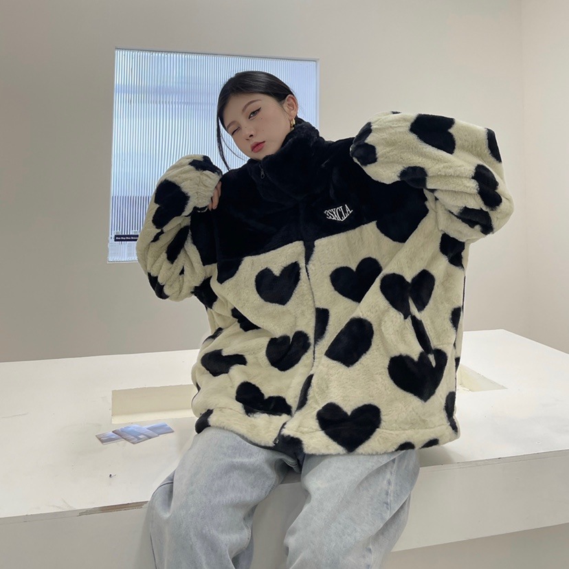 ハート柄 フリースジャケット フェイクファージャンパー ジャケット コート フリース レディース フ ハート柄 フリースジャケット フェイクファージャンパー ジャケット コート フリース レディース フ