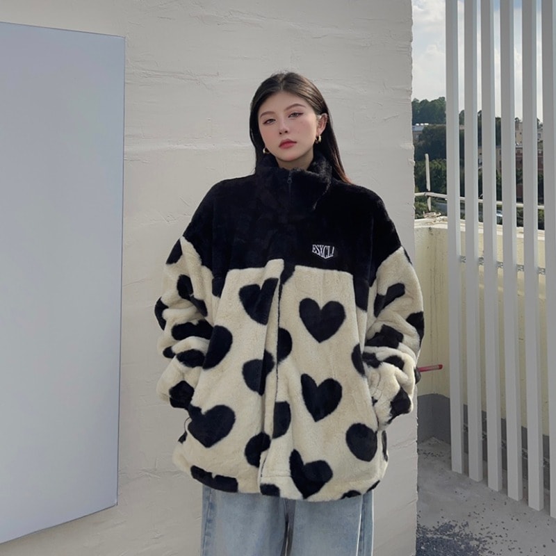 ハート柄 フリースジャケット フェイクファージャンパー ジャケット コート フリース レディース フ ハート柄 フリースジャケット フェイクファージャンパー ジャケット コート フリース レディース フ