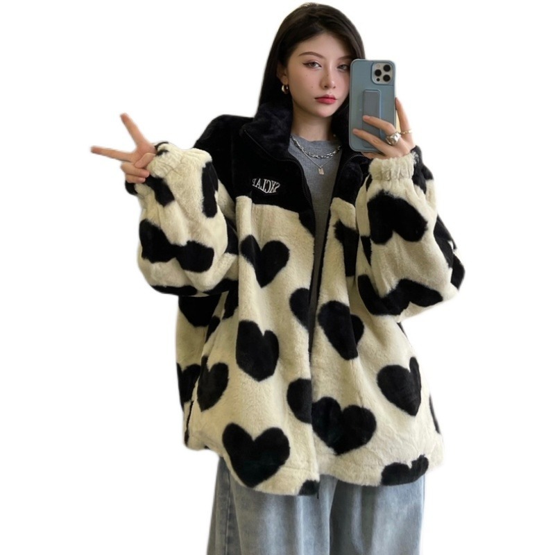 ハート柄 フリースジャケット フェイクファージャンパー ジャケット コート フリース レディース フ ハート柄 フリースジャケット フェイクファージャンパー ジャケット コート フリース レディース フ