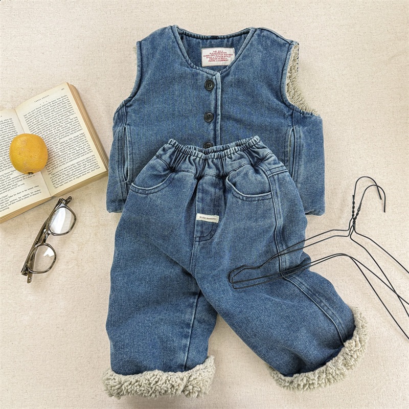 2024冬服子供服韓国版ベルベットデニムセット女の子男の子ジーンズ馬甲2セット5739 2024冬服子供服韓国版ベルベットデニムセット女の子男の子ジーンズ馬甲2セット5739