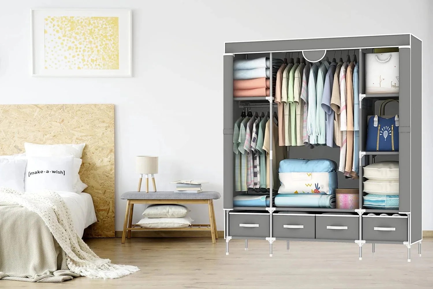 メガ割 ワードローブカバー付き ワードローブクローゼット 洋服ダンス メタルラック ハンガーラック大容量 シンプルな布製ワードローブ 引き出し4つ付き 防塵 耐用 幅150×奥行45×高さ170cm メガ割 ワードローブカバー付き ワードローブクローゼット 洋服ダンス メタルラック ハンガーラック大容量 シンプルな布製ワードローブ 引き出し4つ付き 防塵 耐用 幅150×奥行45×高さ170cm