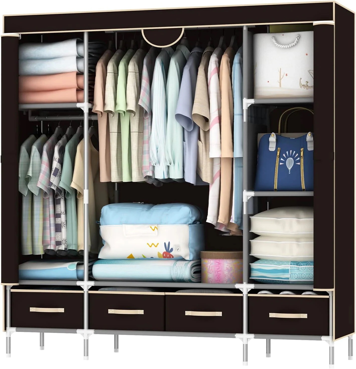 メガ割 ワードローブカバー付き ワードローブクローゼット 洋服ダンス メタルラック ハンガーラック大容量 シンプルな布製ワードローブ 引き出し4つ付き 防塵 耐用 幅150×奥行45×高さ170cm メガ割 ワードローブカバー付き ワードローブクローゼット 洋服ダンス メタルラック ハンガーラック大容量 シンプルな布製ワードローブ 引き出し4つ付き 防塵 耐用 幅150×奥行45×高さ170cm
